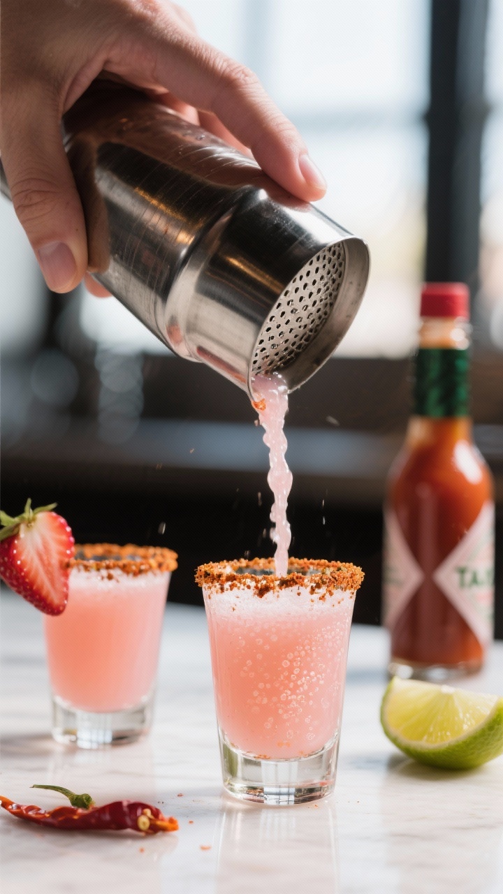 Close-up action shot: a stainless cocktail shaker mid-shake being poured through a fine-mesh straine
