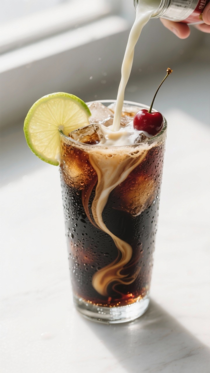 Close-up detail of a Classic Dirty Cola being finished: cold cola with vanilla syrup already stirred