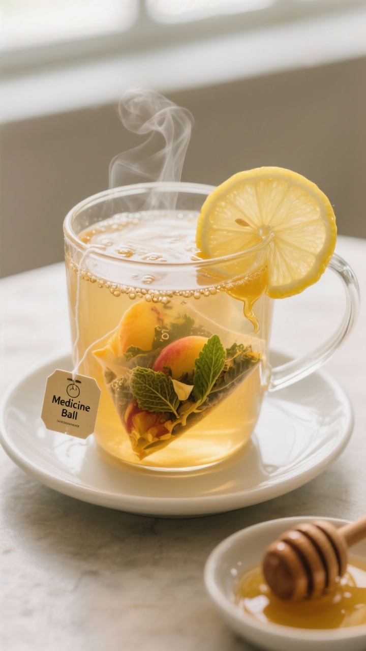 Close-up detail shot: A large clear mug of homemade “Medicine Ball” tea just after assembly, sho