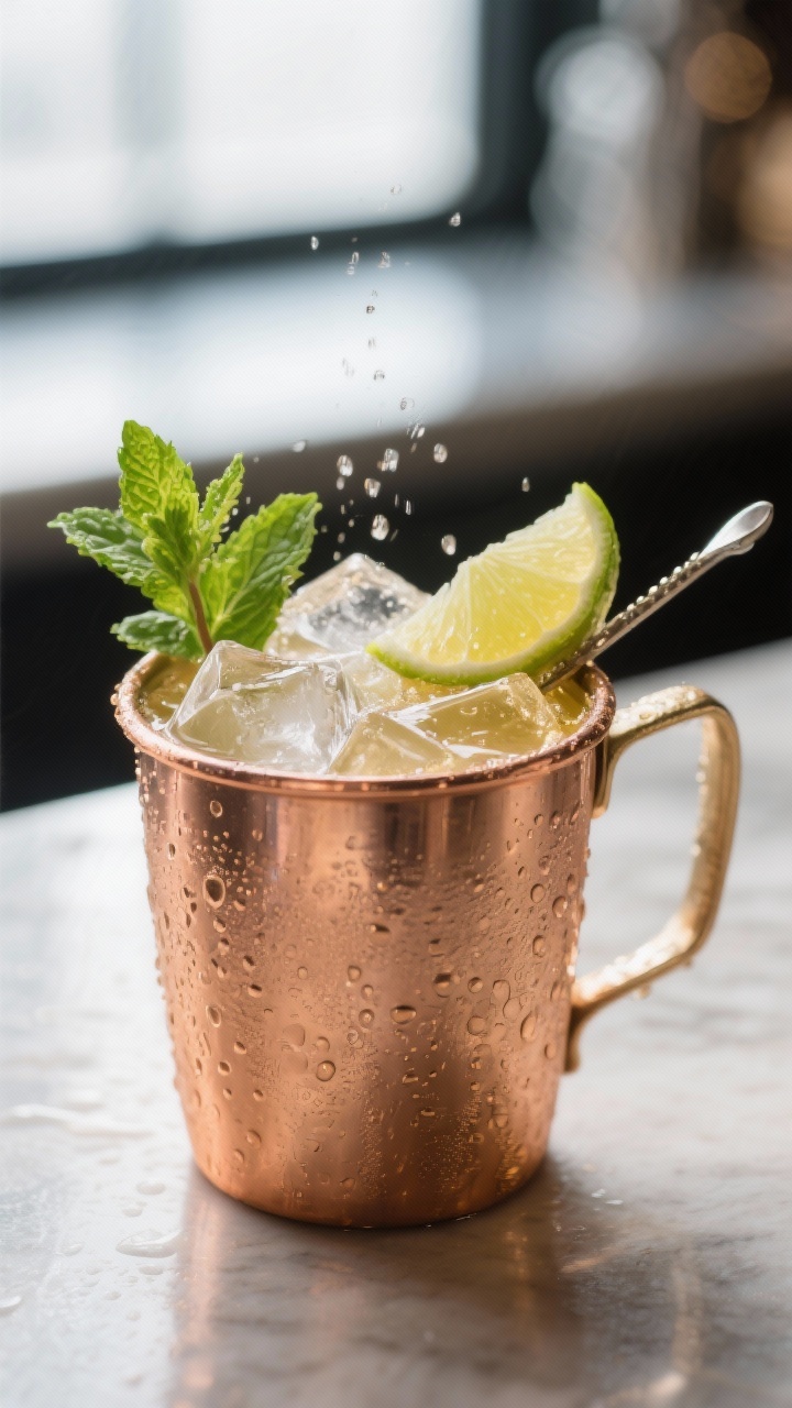Close-up detail shot of a freshly built Kentucky Mule in a frosty copper mug: large clear ice cubes 