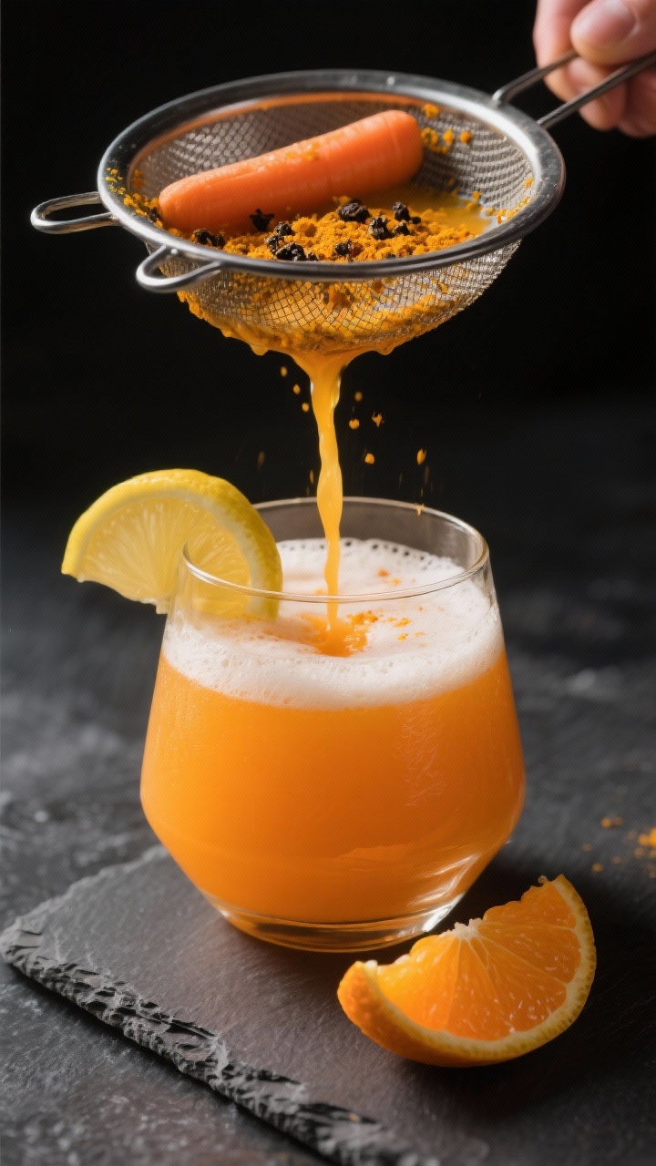 Close-up, process-focused pour of the “Citrus-Carrot Reviver” being strained after blending: bri