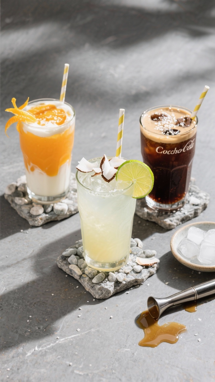 Overhead final presentation trio of dirty sodas for visual variety: left glass Orange Creamsicle (or