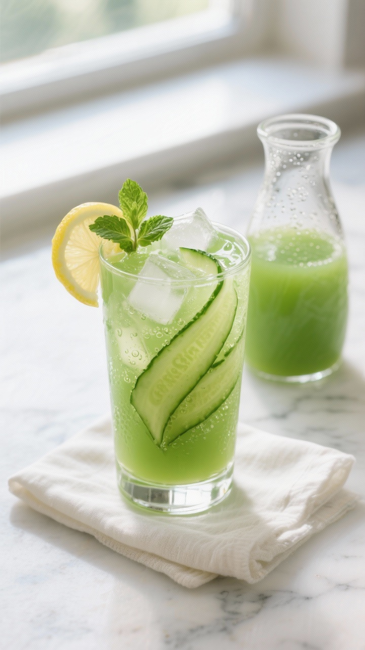 Overhead shot of the finished “Green Glow” juice poured over ice in a clear, chilled highball gl