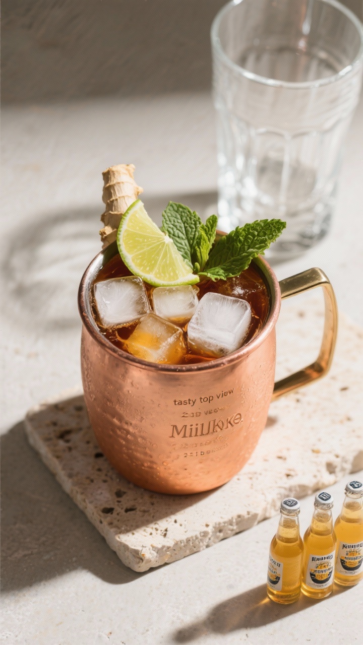 Overhead “tasty top view” of a Kentucky Mule final presentation on a neutral stone surface: the 
