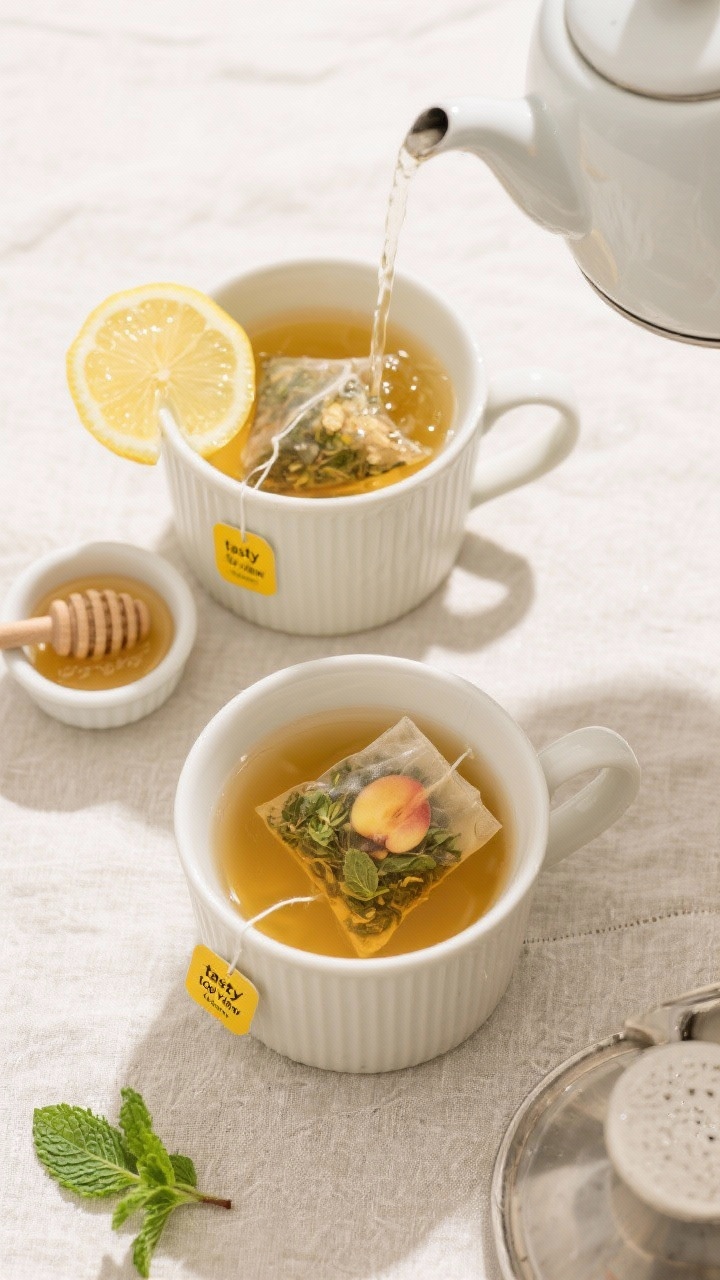 Overhead “tasty top view” process shot: Two matching mugs on a light linen backdrop, showing the