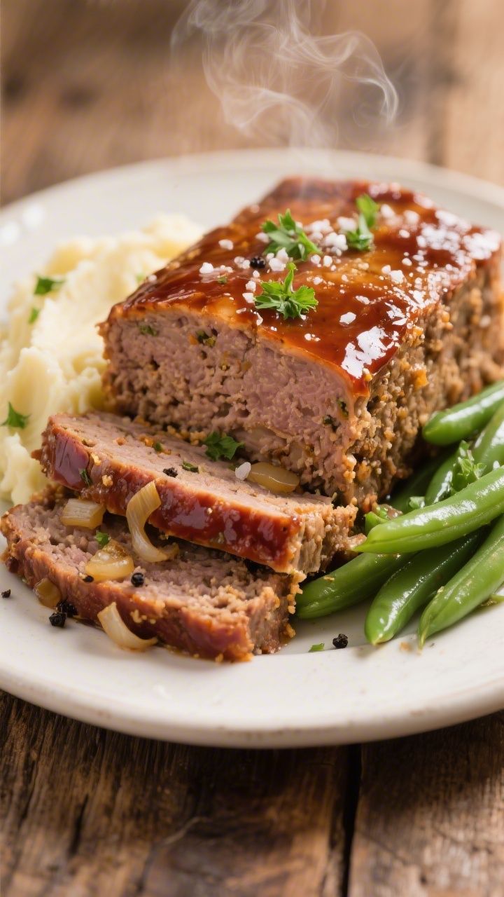Close-up, 3/4 angle of thick, clean slices of meatloaf plated with creamy mashed potatoes and bright