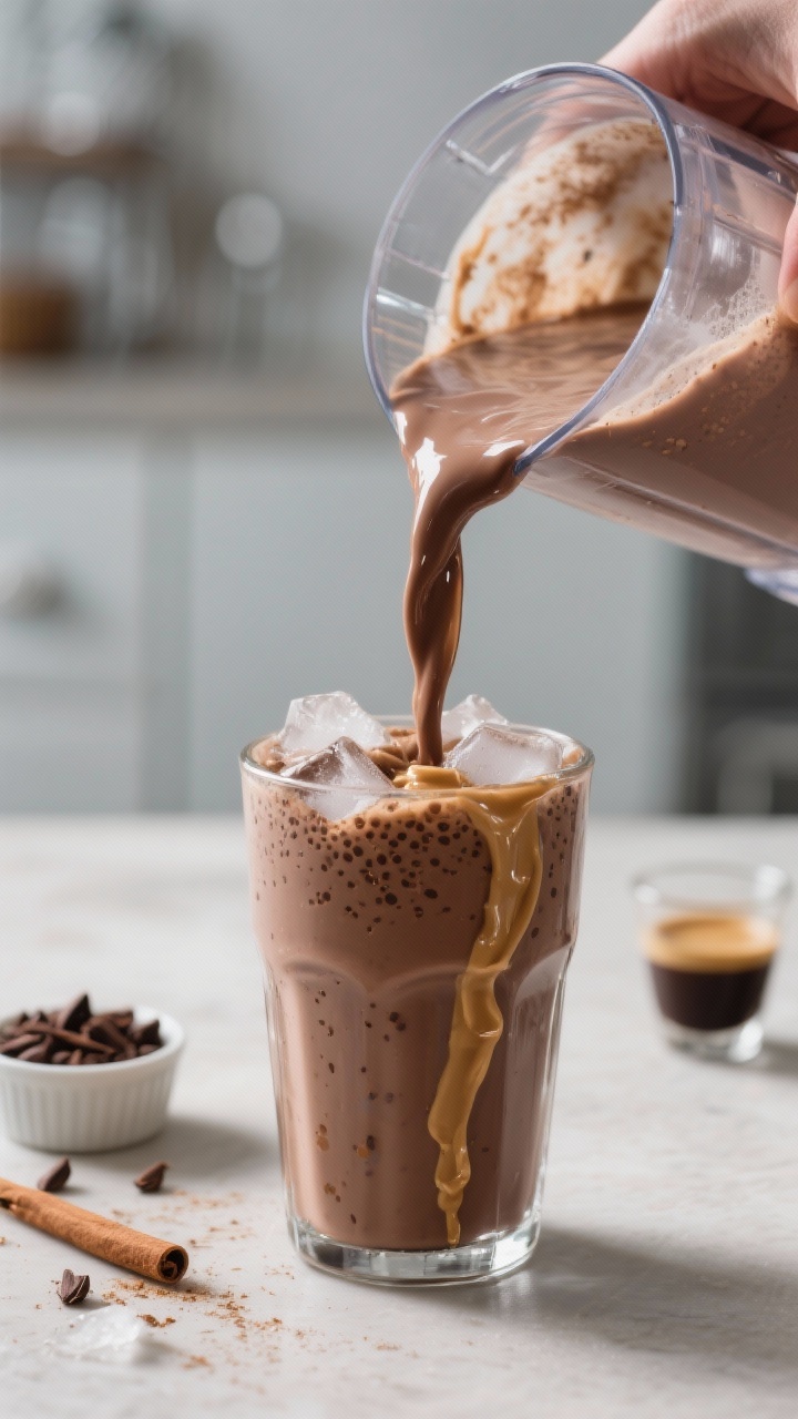 Close-up action shot of the blending finish: the thick, pourable milkshake stream flowing from blend