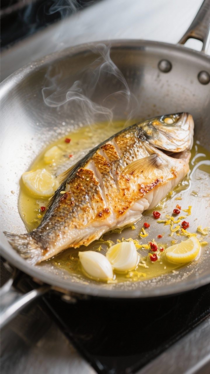 Close-up cooking process: Branzino fillet skin-side down in a stainless-steel skillet mid-sear, skin