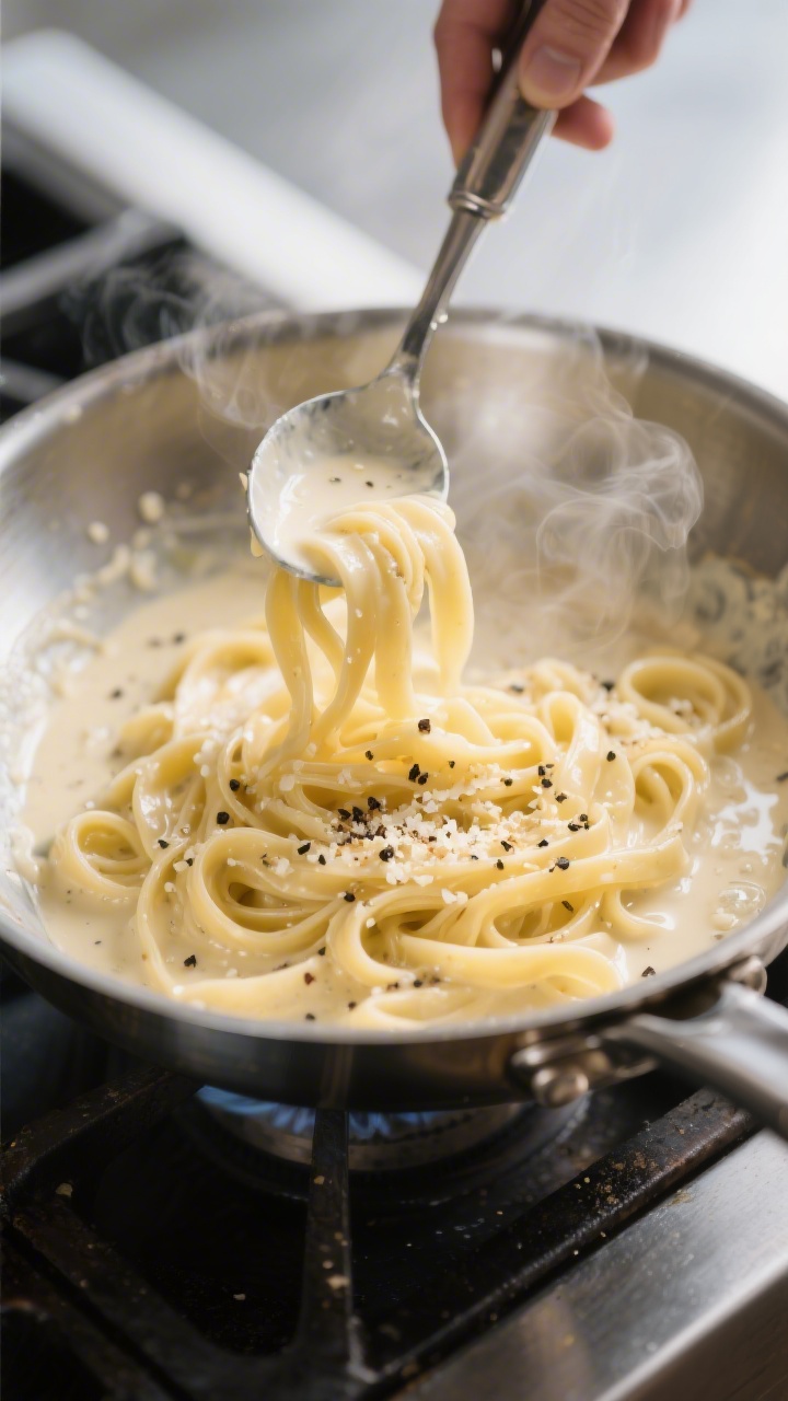Close-up cooking process: Fettuccine finishing in a silky Alfredo sauce in a wide stainless-steel sk