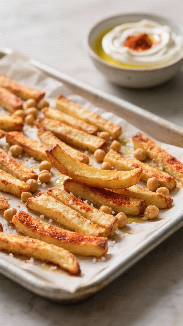 Close-up cooking process of oven-baked chickpea “fries” on a parchment-lined sheet pan at mid-ba