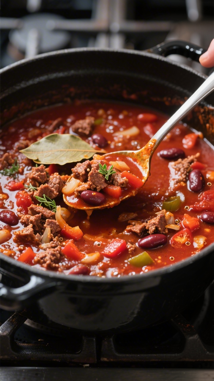Close-up cooking process shot of chili simmering in a black enameled Dutch oven: spoon stirring thro