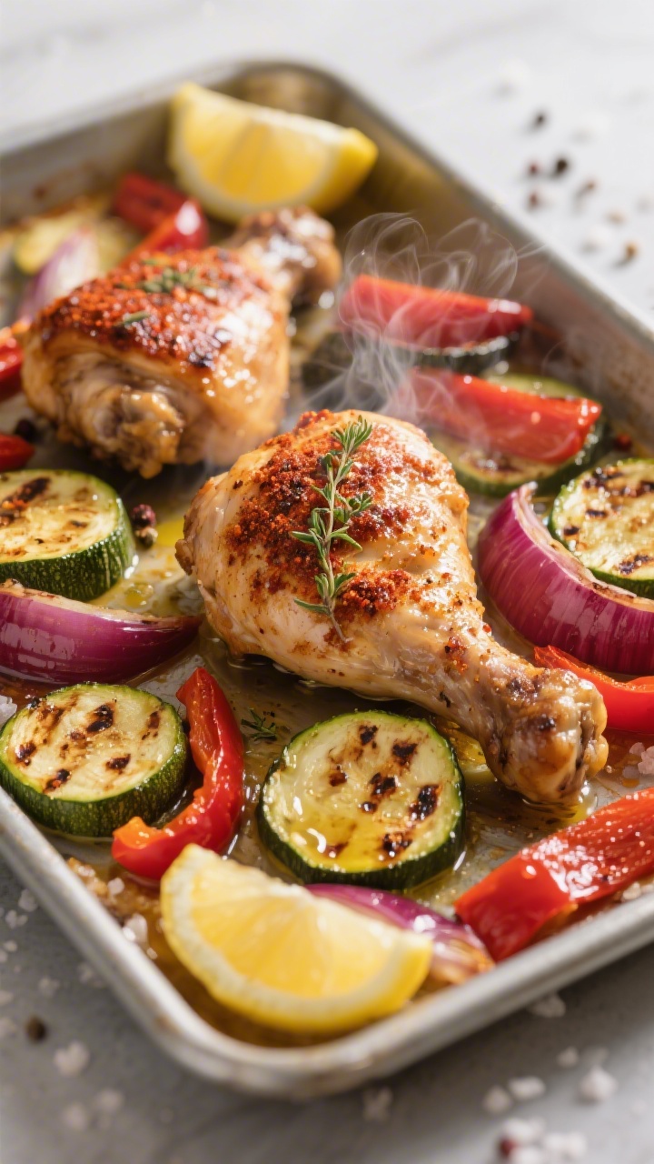 Close-up cooking process shot of Mediterranean Chicken and Veggie Tray Bake just out of the oven on