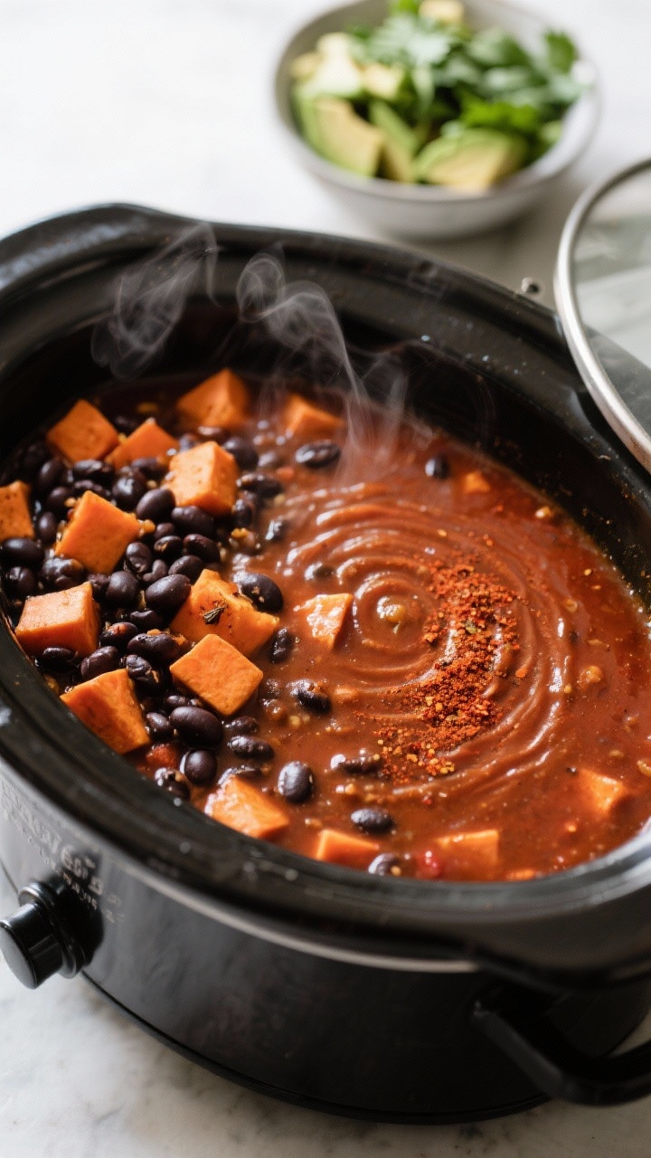 Close-up cooking process shot of Smoky Black Bean Sweet Potato Chili simmering in a matte-black croc