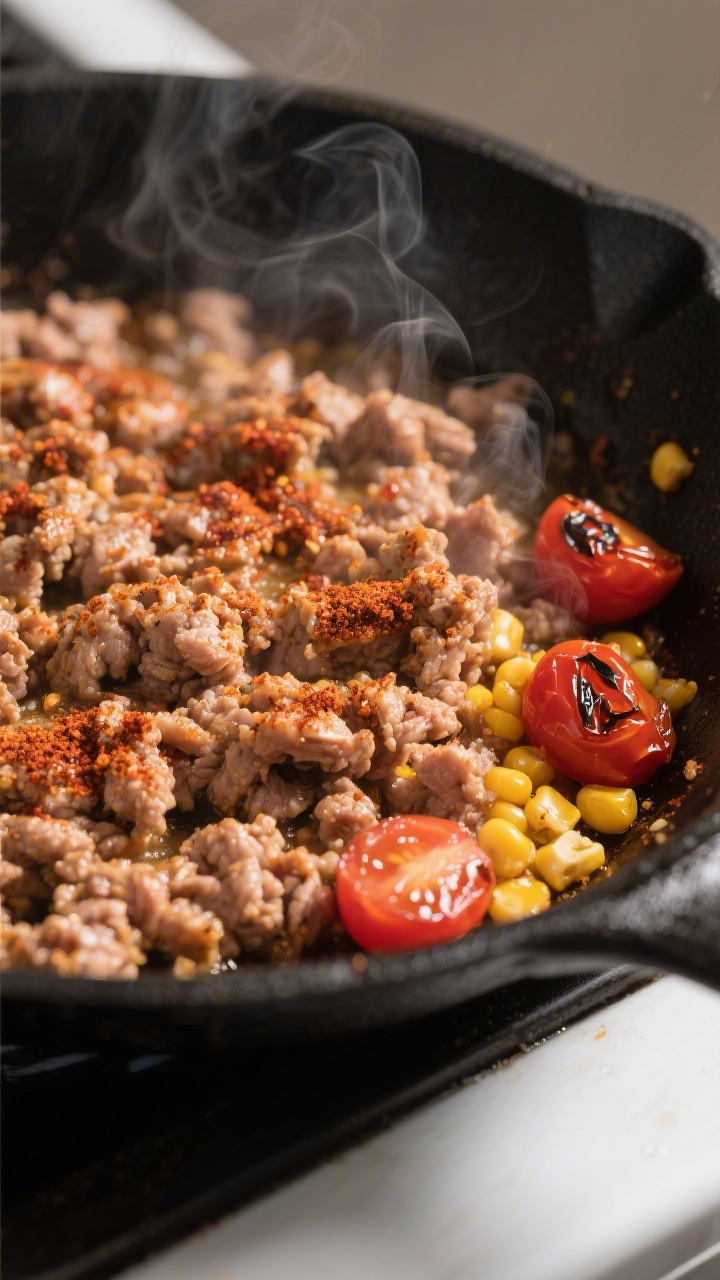 Close-up cooking process shot of taco-seasoned ground turkey browning in a nonstick skillet: richly
