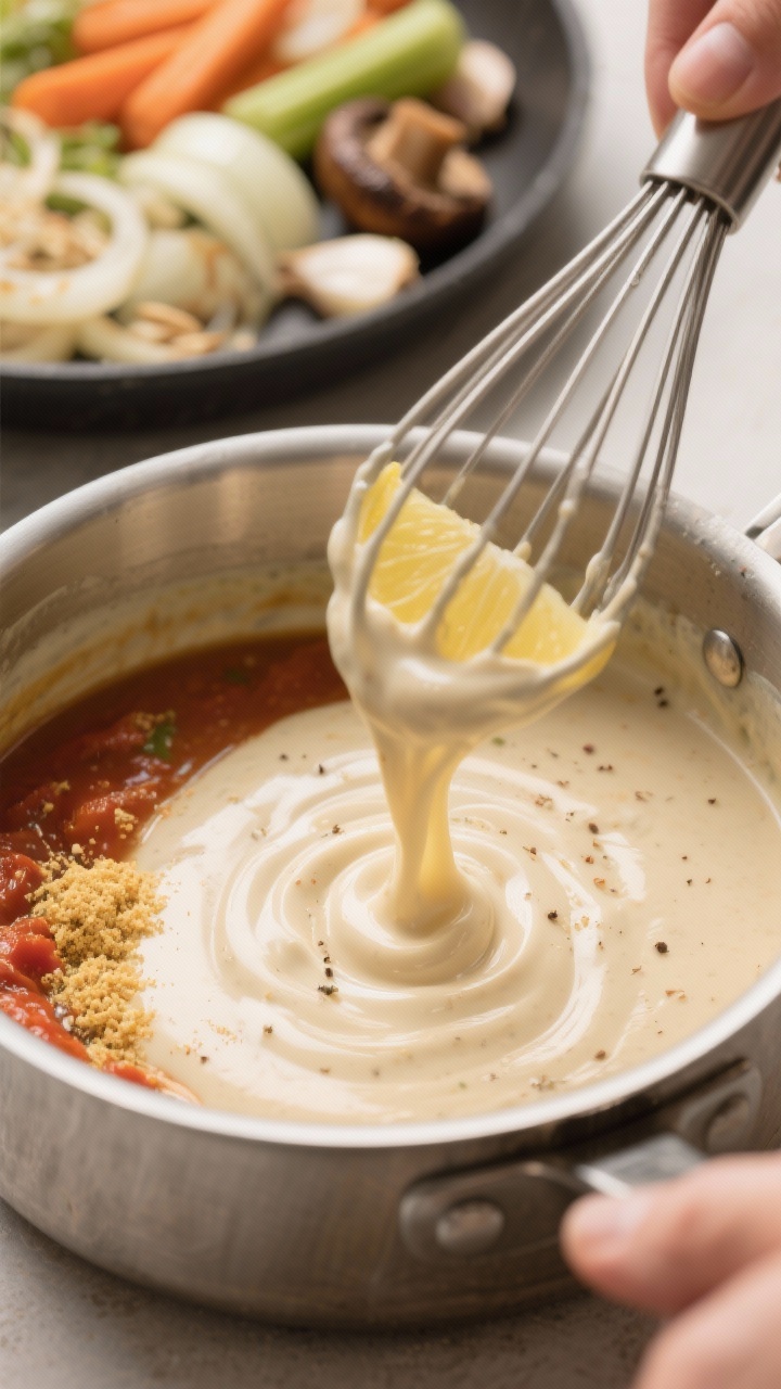 Close-up cooking process shot of the creamy vegan sauce being whisked to glossy thickness in a stain