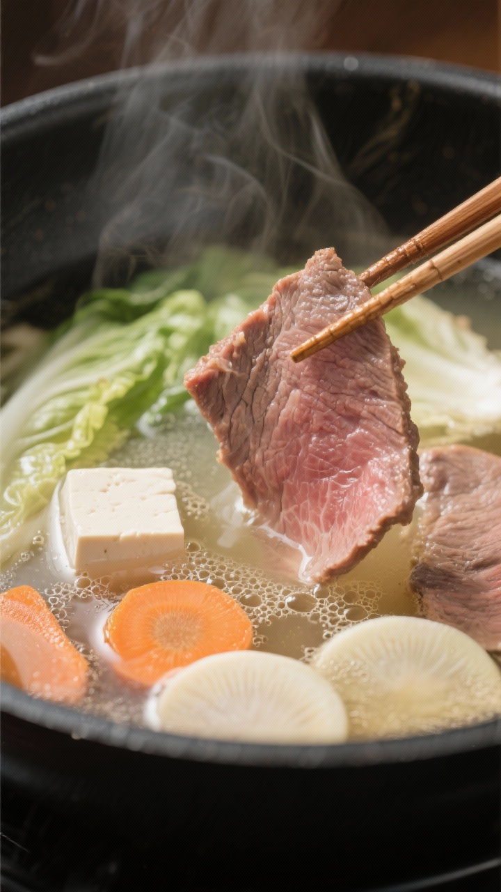 Close-up cooking process: Thinly sliced beef being swished in a gently simmering clear kombu-bonito 