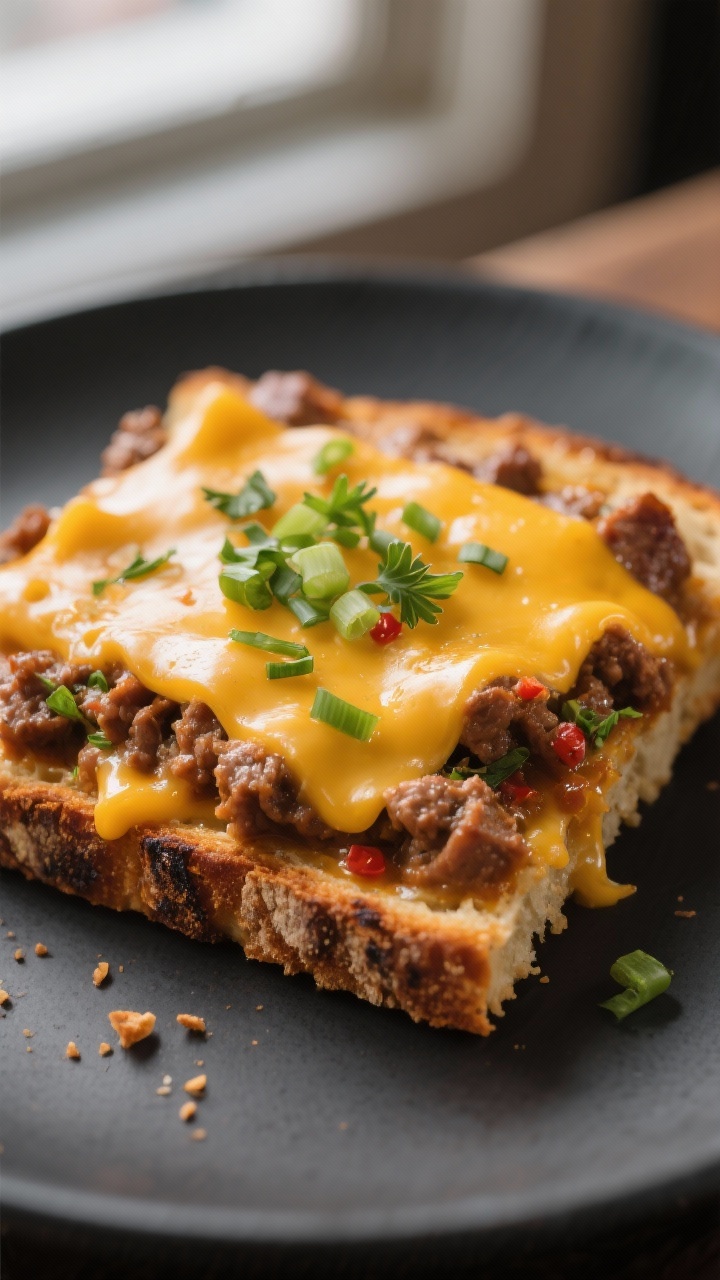 Close-up detail: A freshly baked Hanky Panky slice on cocktail rye, topped edge-to-edge with bubbly,