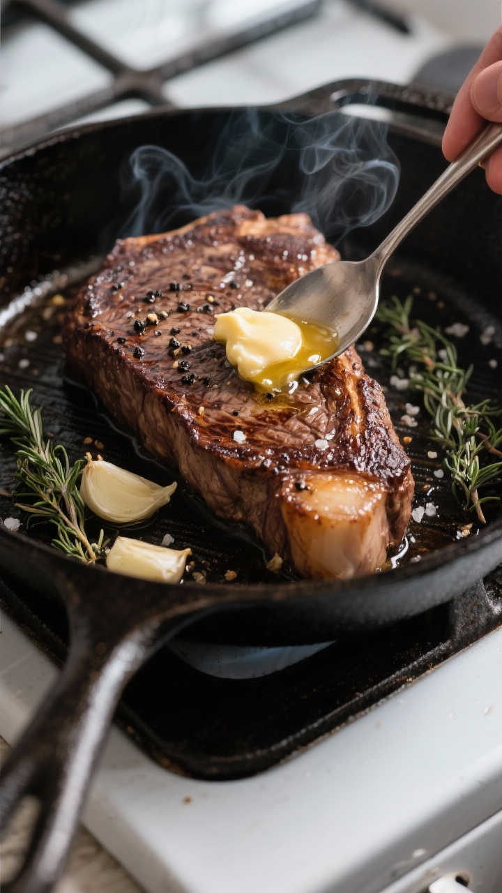 Close-up detail and cooking process: Chuck eye steak mid-sear in a smoking-hot cast-iron skillet, de