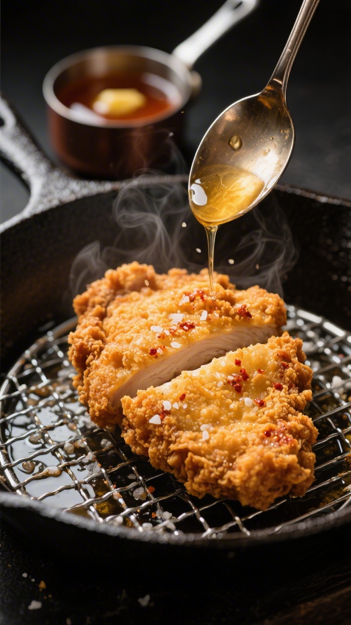 Close-up detail, cooking process: A golden-brown fried chicken cutlet just lifted from a cast-iron s