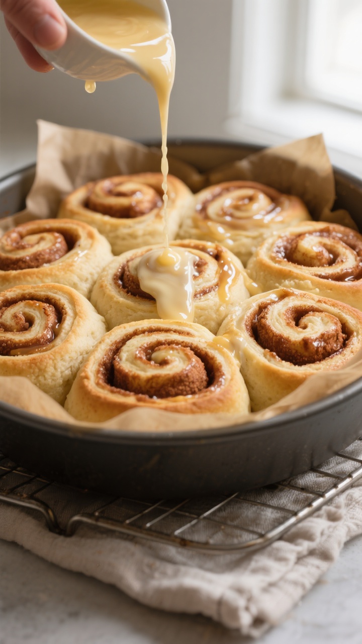 Close-up detail, cooking process: A tight, shallow-depth-of-field shot of freshly baked no-yeast cin