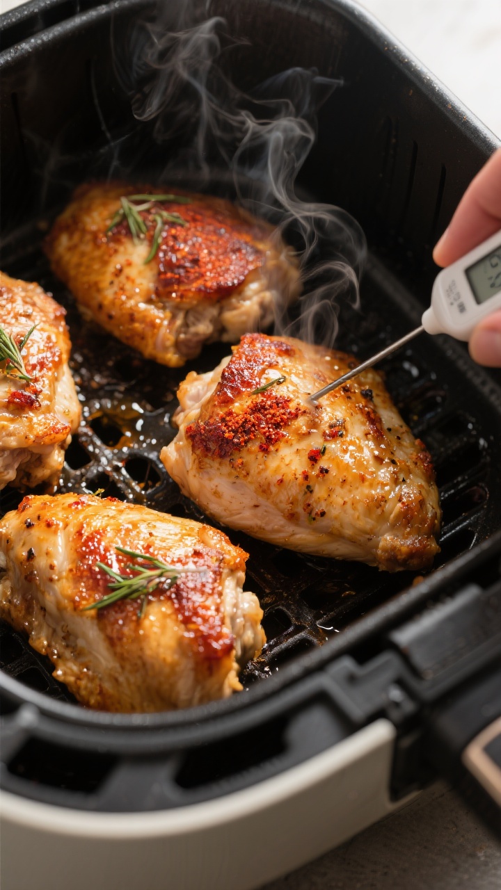 Close-up detail/cooking process: Air fryer basket just opened to reveal golden-brown, skin-on chicke