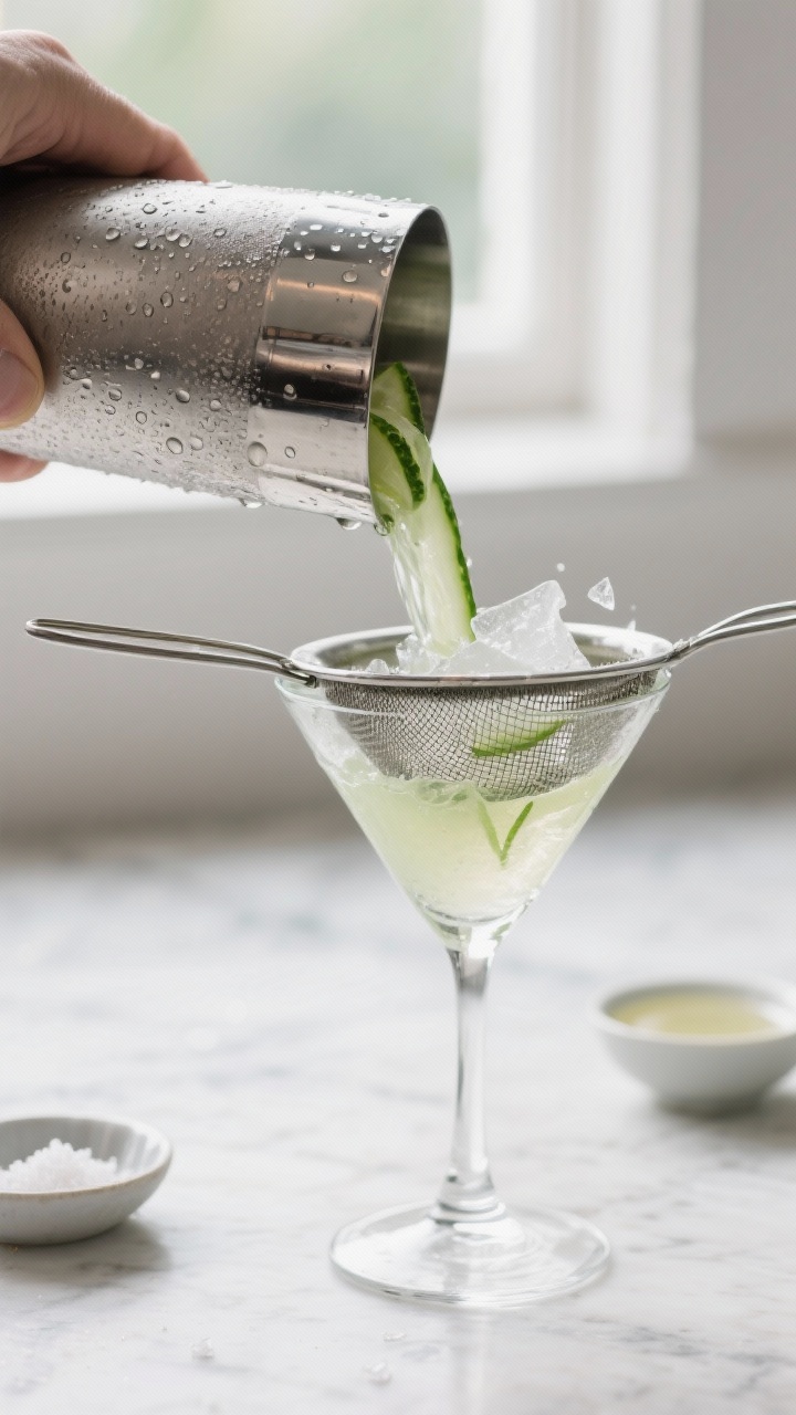 Close-up detail, cooking process: Frosted stainless steel cocktail shaker mid-shake opened just afte