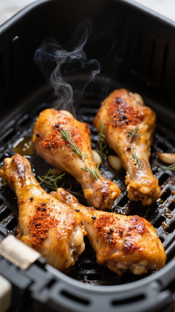 Close-up detail, cooking process: Golden-brown air fryer chicken drumsticks sizzling in a preheated