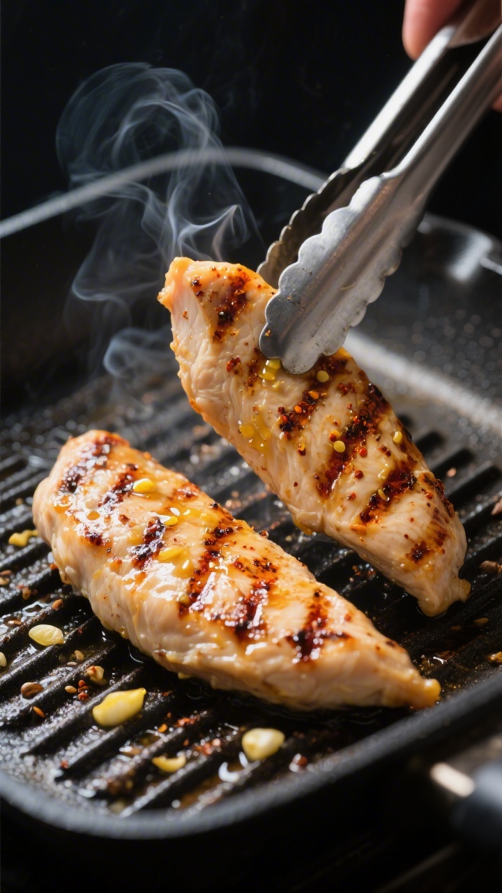 Close-up detail, cooking process: Juicy grilled chicken strips sizzling on a preheated, oiled grill