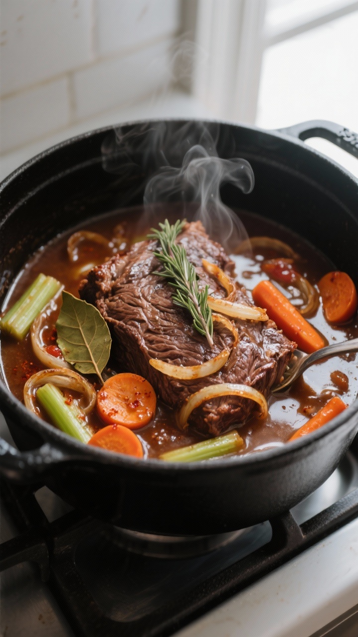 Close-up detail, cooking process: Mock chuck braising in a matte black Dutch oven, mid-braise at 325