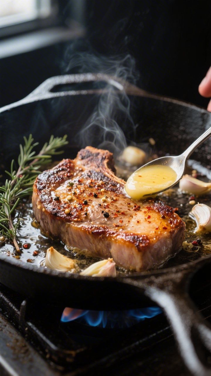 Close-up detail, cooking process: Searing 1-inch pork chops in a heavy cast-iron skillet over medium