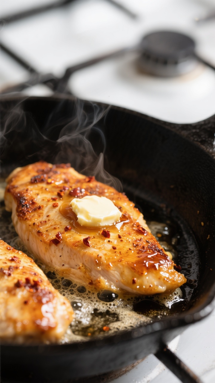 Close-up detail, cooking process: Searing hot honey chicken breasts in a black cast-iron skillet ove