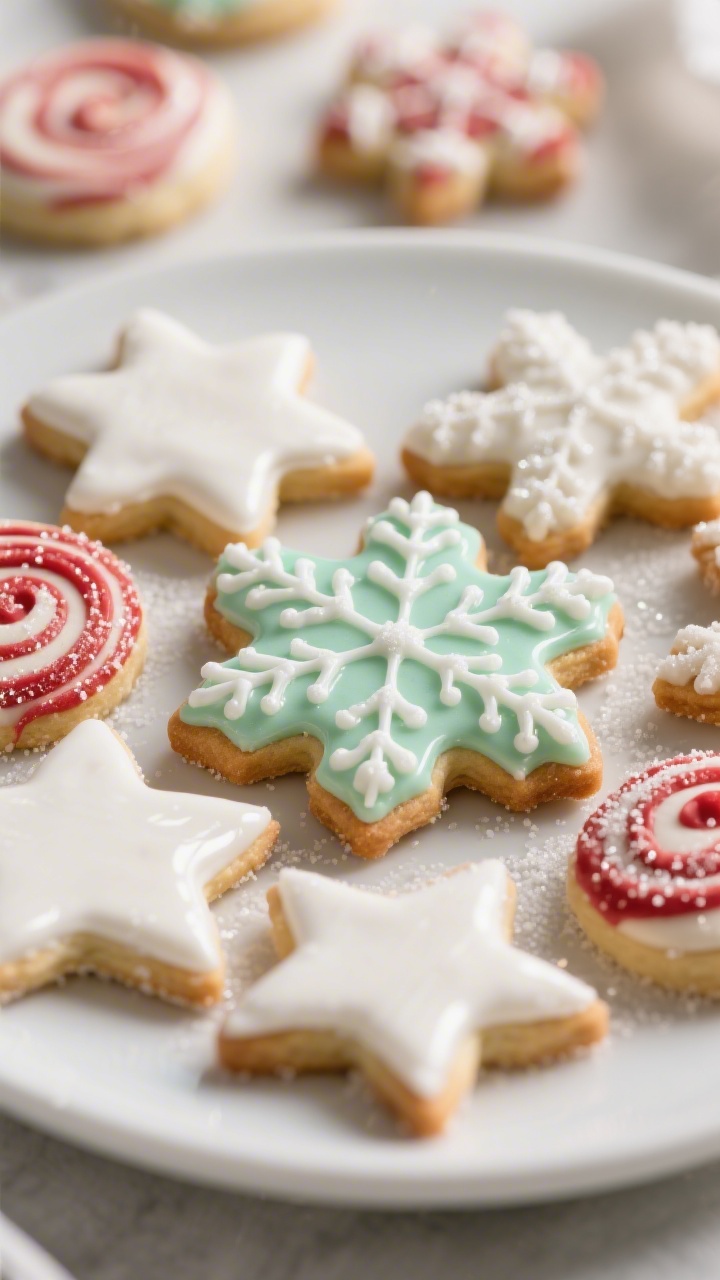 Close-up detail of a fully decorated platter of sugar cookies arranged on a matte white plate: gloss