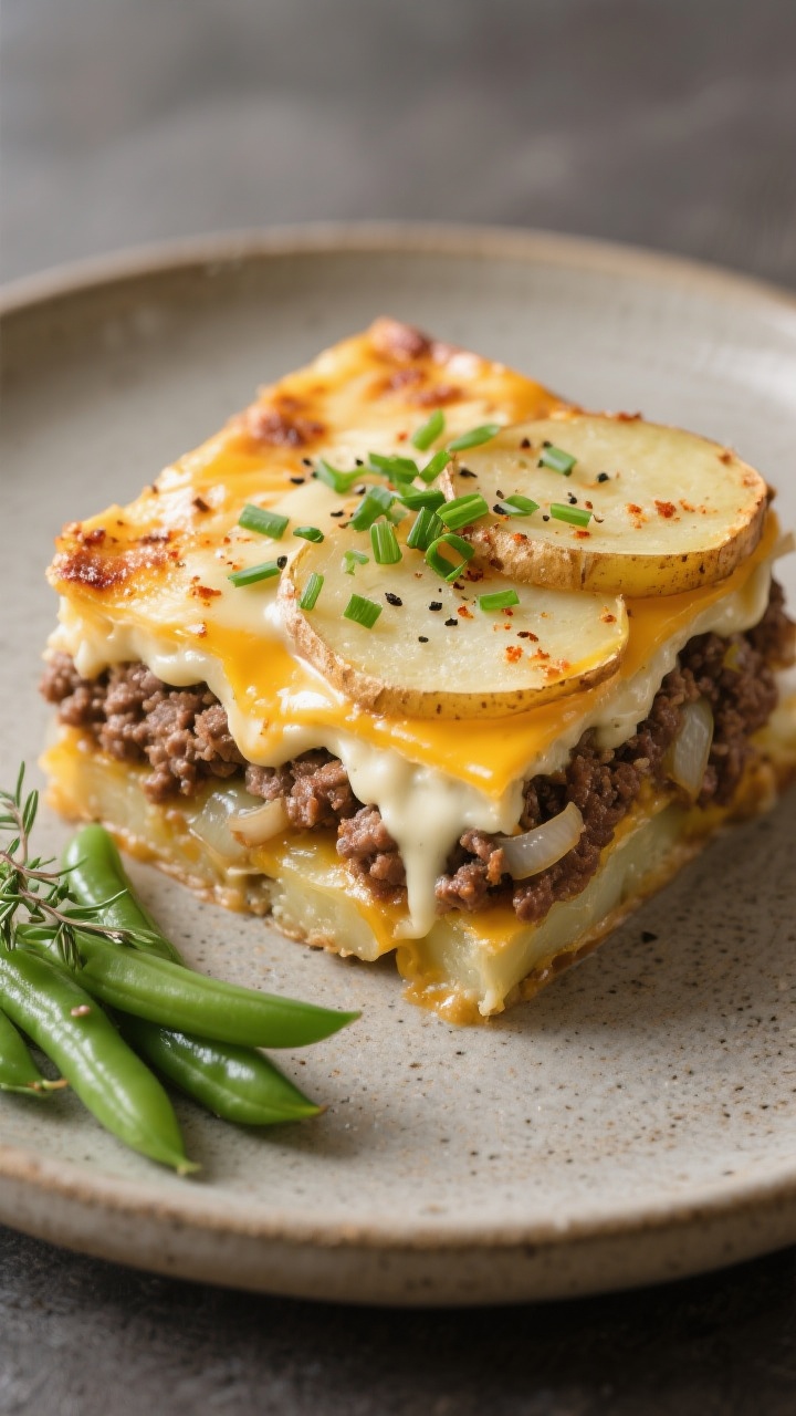 Close-up detail of a plated square of Hamburger Potato Casserole showing distinct layers: thin, tend