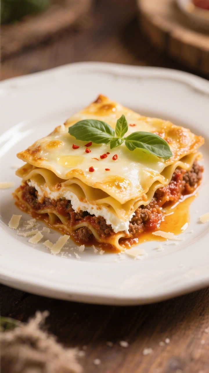 Close-up detail of a single plated square of lasagna resting after the 15–20 minute set time, shar