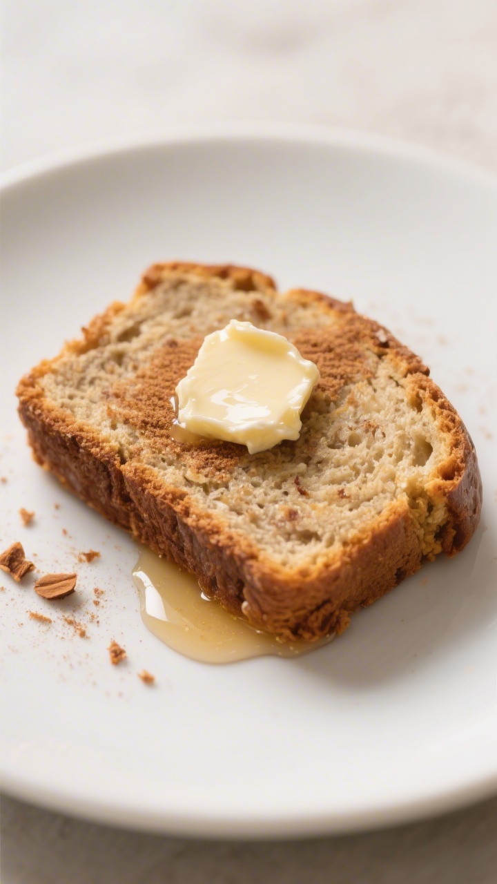 Close-up detail of a single slice of banana bread on a matte white plate, ultra-moist crumb with fin