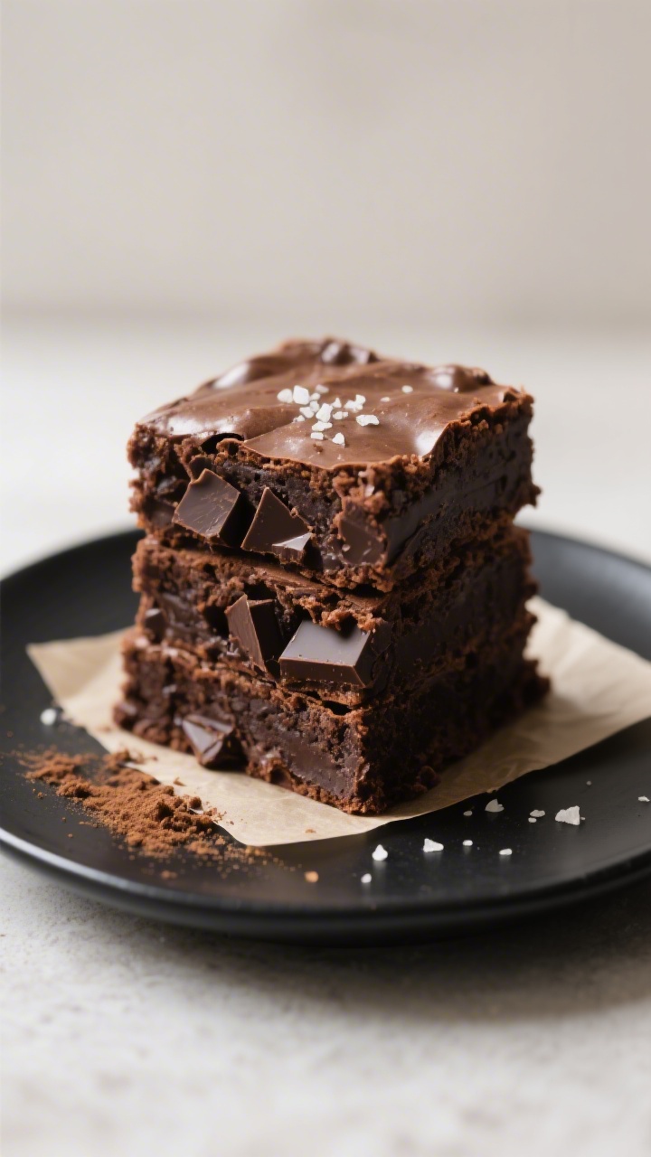 Close-up detail of a sliced stack of double-chocolate brownies on a matte black plate, showing dense