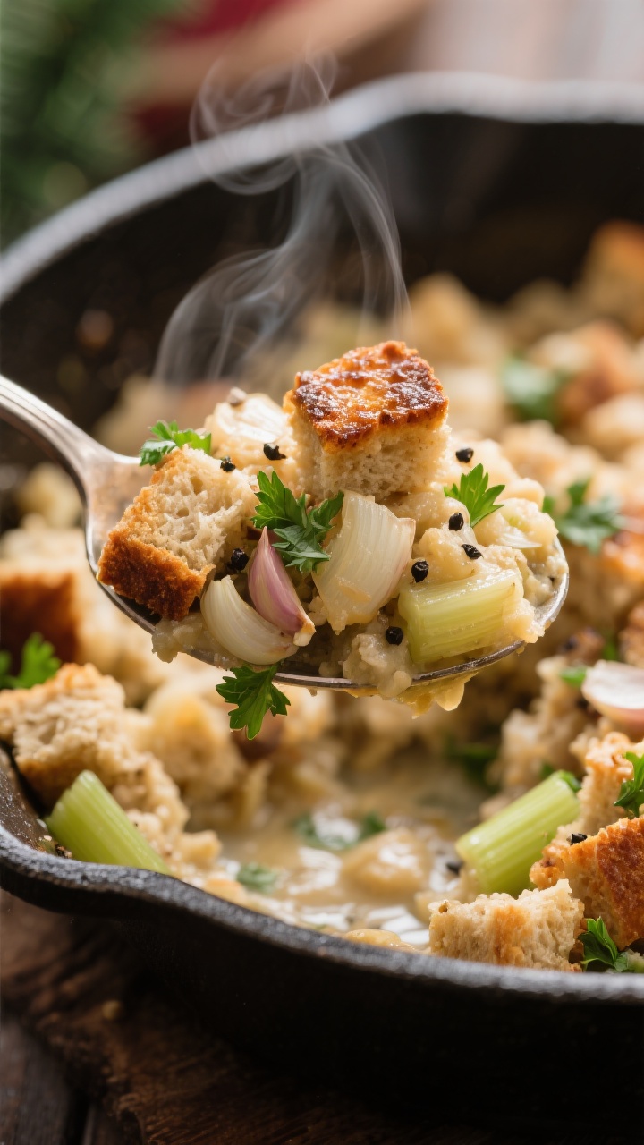 Close-up detail of a spoonful of gluten-free stuffing being lifted from the pan, showing tender, cus