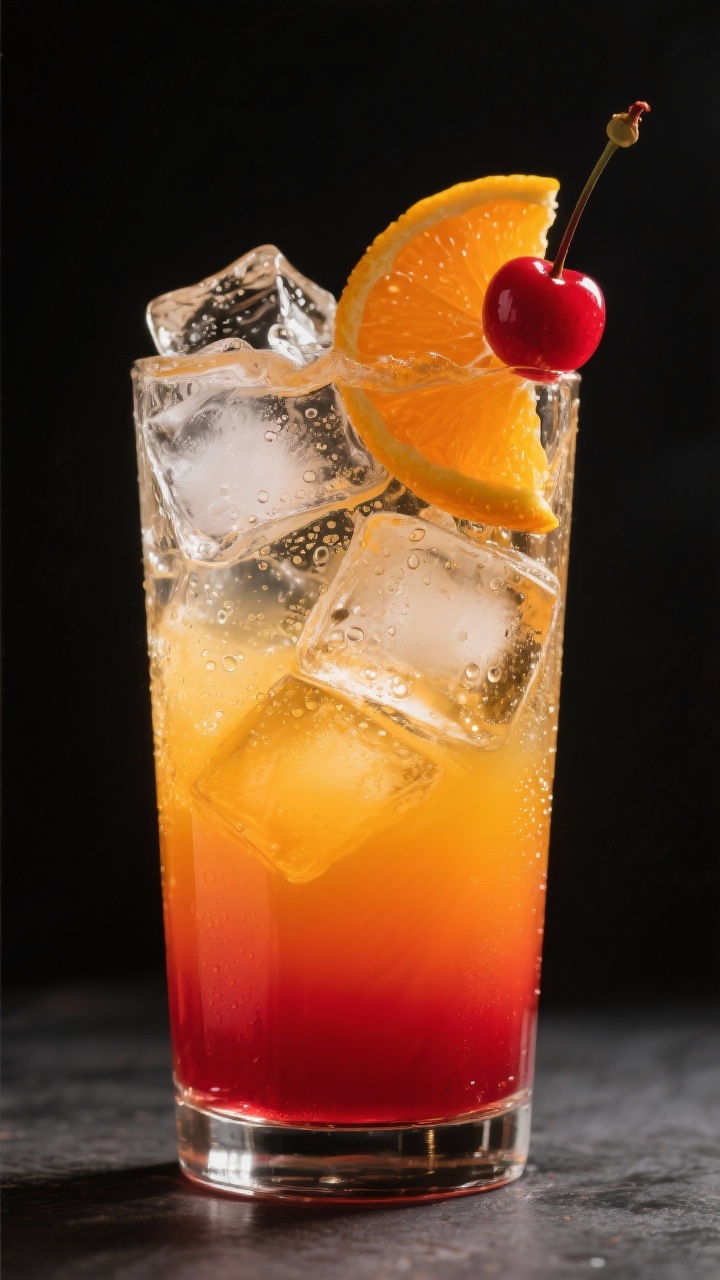 Close-up detail of a Tequila Sunrise in a tall highball, showcasing the gradient: deep ruby-red gren