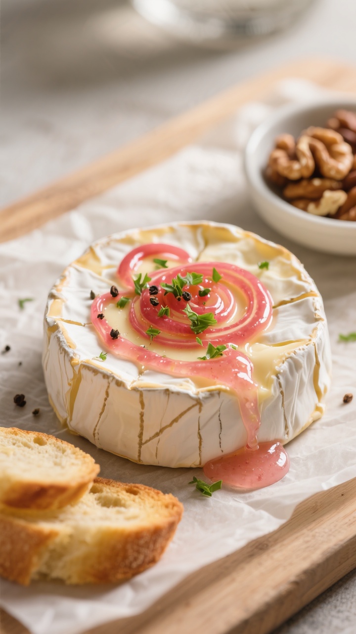 Close-up detail of baked brie with a warm crab apple jelly swirl, cheese slightly oozing at the scor