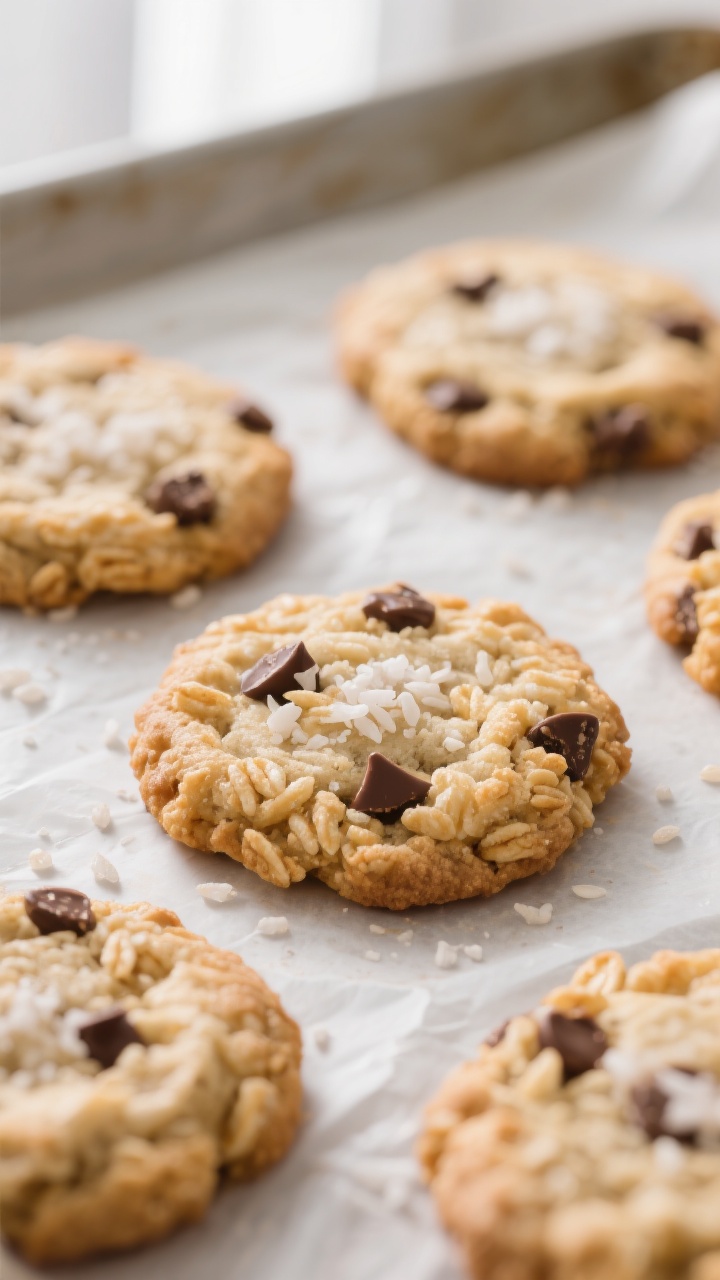 Close-up detail of freshly baked Rice Krispie chocolate chip cookies cooling on a parchment-lined sh