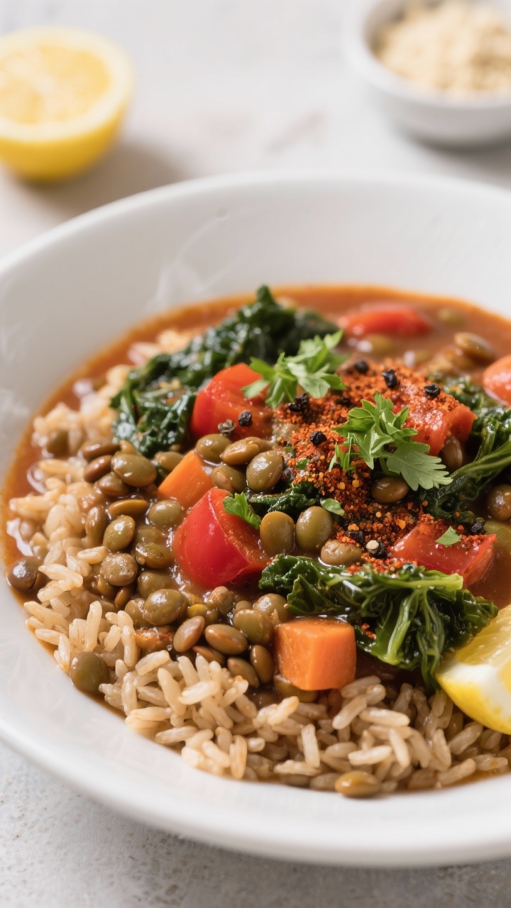 Close-up detail of Hearty Lentil and Veggie Stew ladled over fluffy brown rice in a wide white bowl,