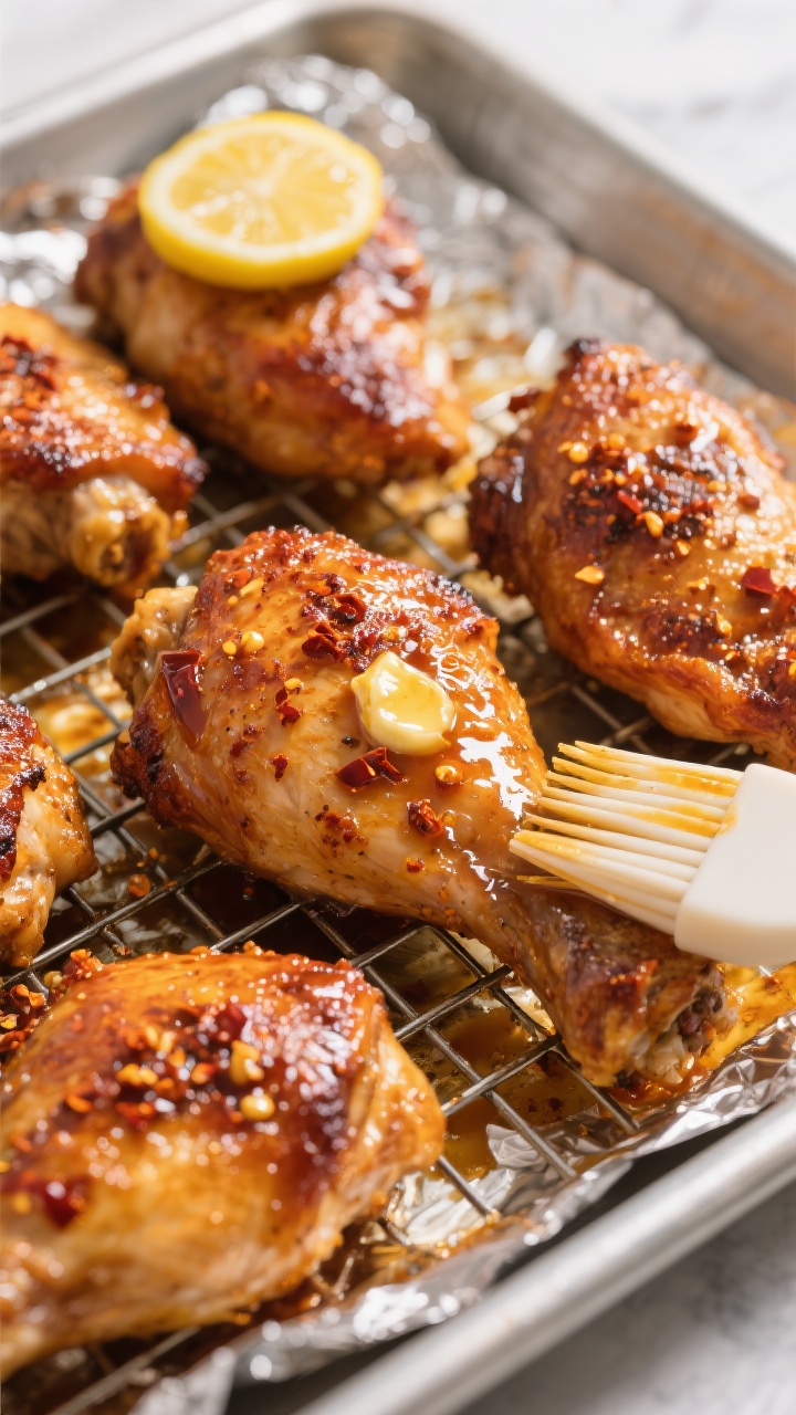 Close-up detail of oven-roasted hot honey chicken thighs just after broiling: deeply golden, blister