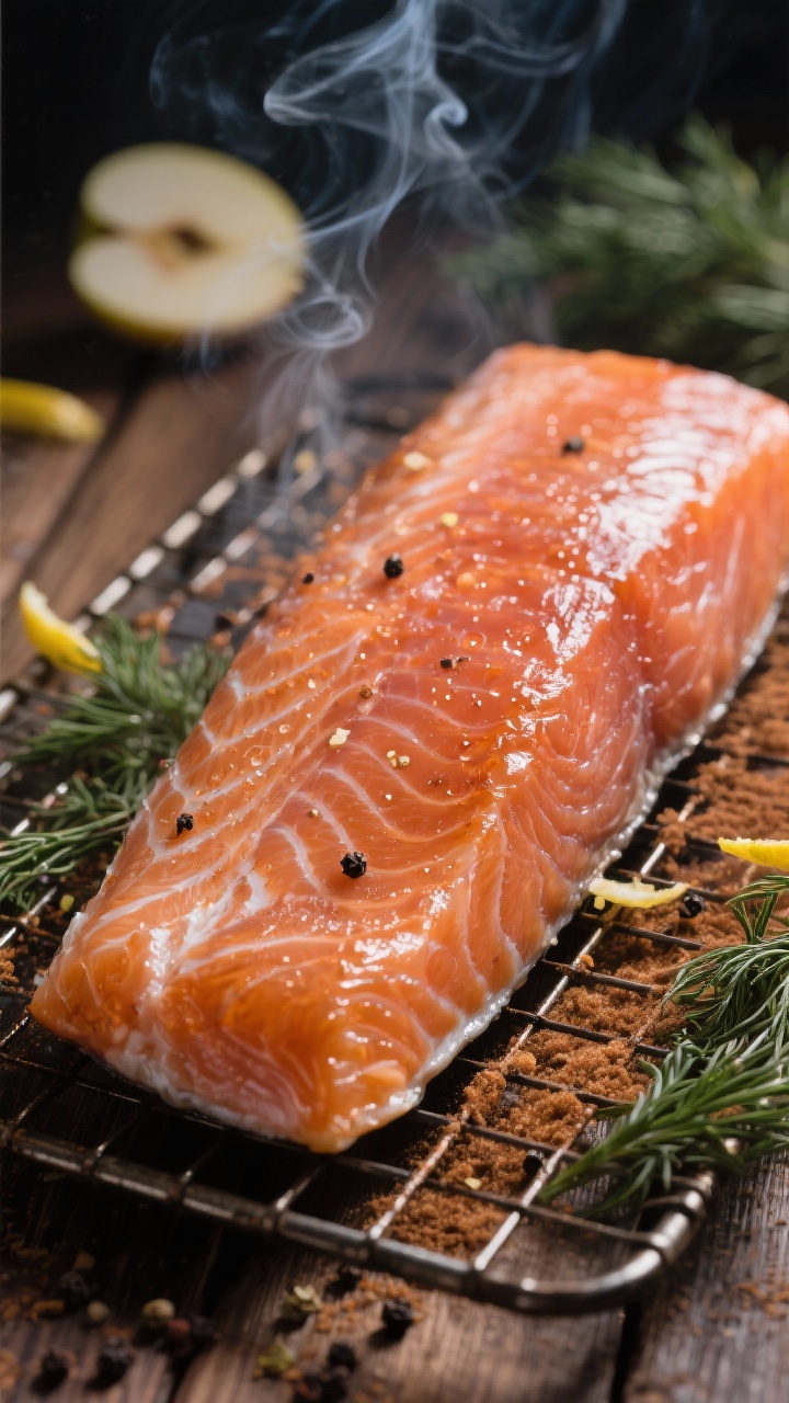 Close-up detail of smoked salmon just finished in the smoker: a glossy, deep coral fillet resting sk