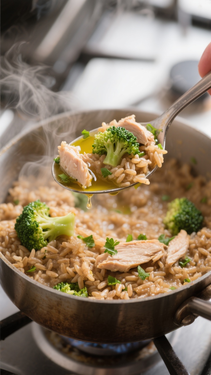 Close-up detail of Stage 3 “Chicken Broccoli Rice” thick mash being spooned from a small saucepa