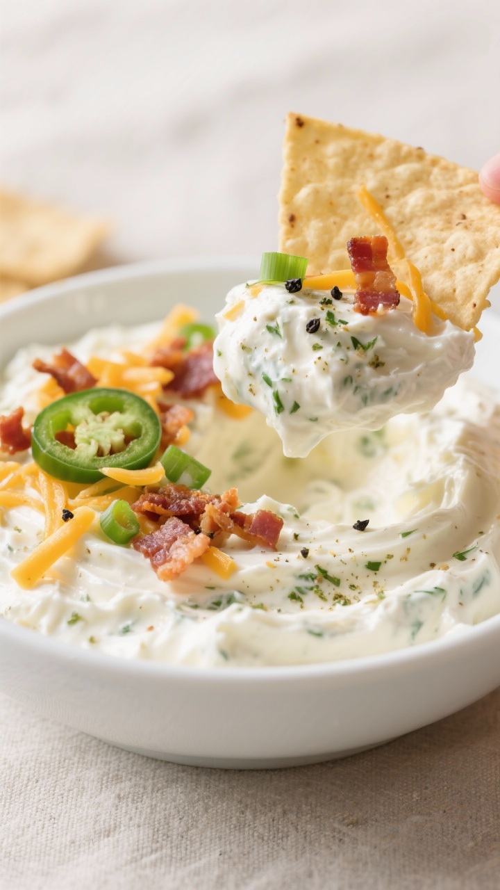 Close-up detail of the chilled crack dip mid-scoop: a thick, creamy blend of whipped cream cheese an