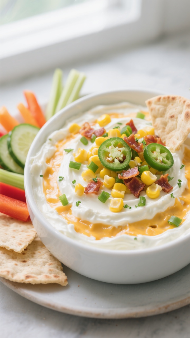 Close-up detail of the chilled, creamy crack corn dip in a low white serving bowl, ultra-smooth crea