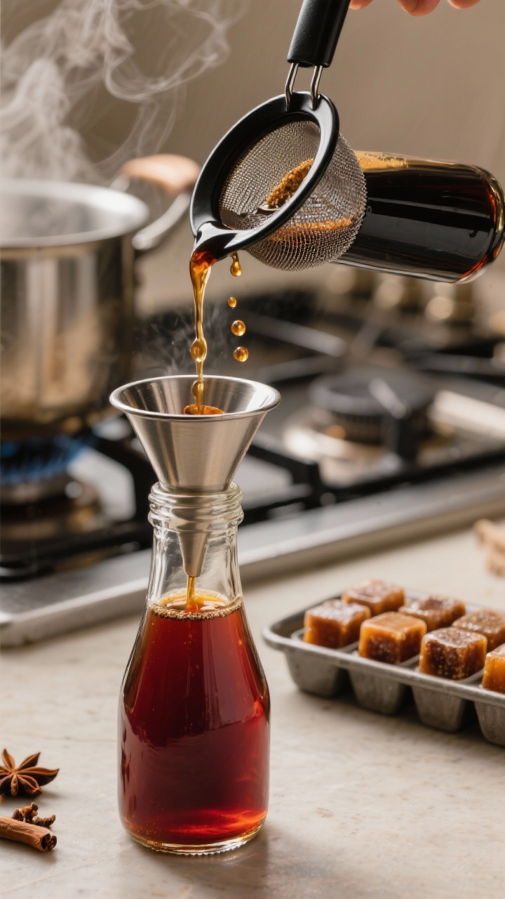 Close-up detail of the finished chai concentrate being strained into a clean glass bottle: deep maho