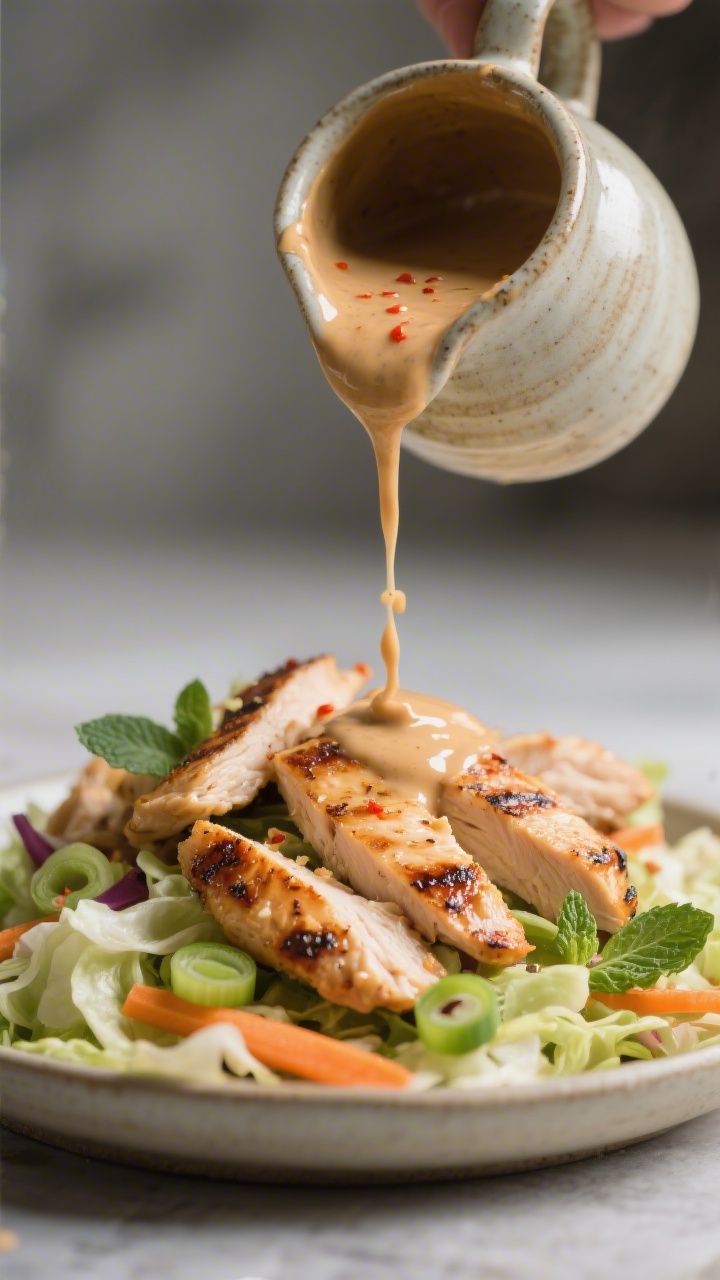 Close-up detail of warm grilled chicken strips being folded into the salad base with a glossy, poura