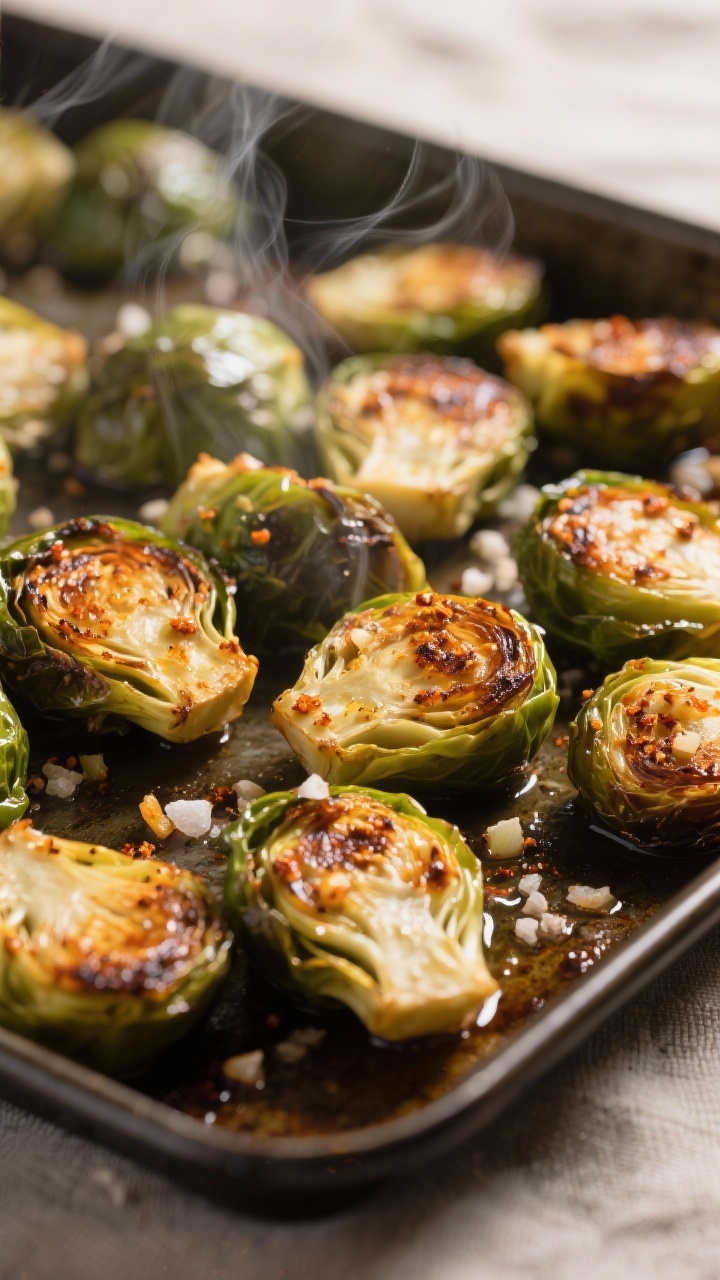 Close-up detail: Roasted Brussels sprouts fresh from a preheated sheet pan, arranged cut-side down w