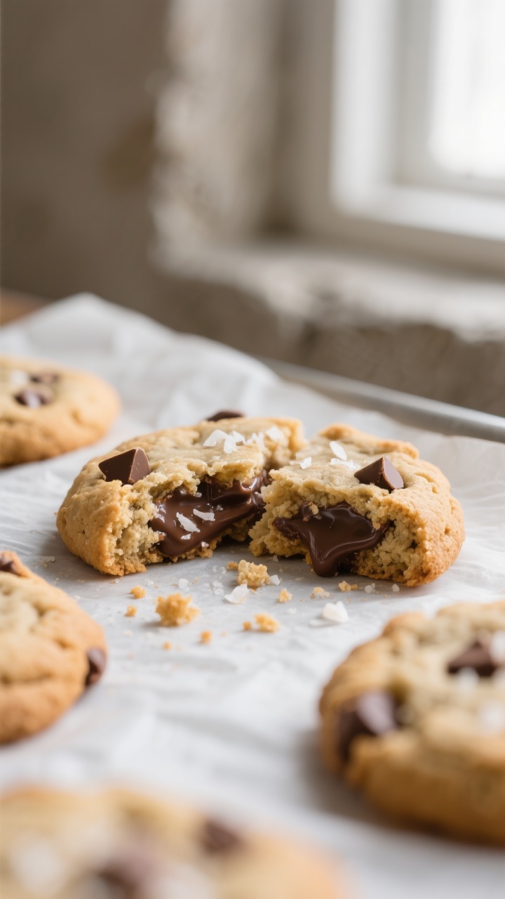 Close-up detail shot: A just-baked gluten-free chocolate chip cookie torn in half to reveal a soft, 